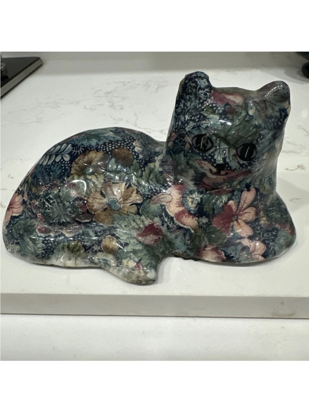 Vintage Ceramic Cat Figurine Decoupage 6.5” Long Blue Floral